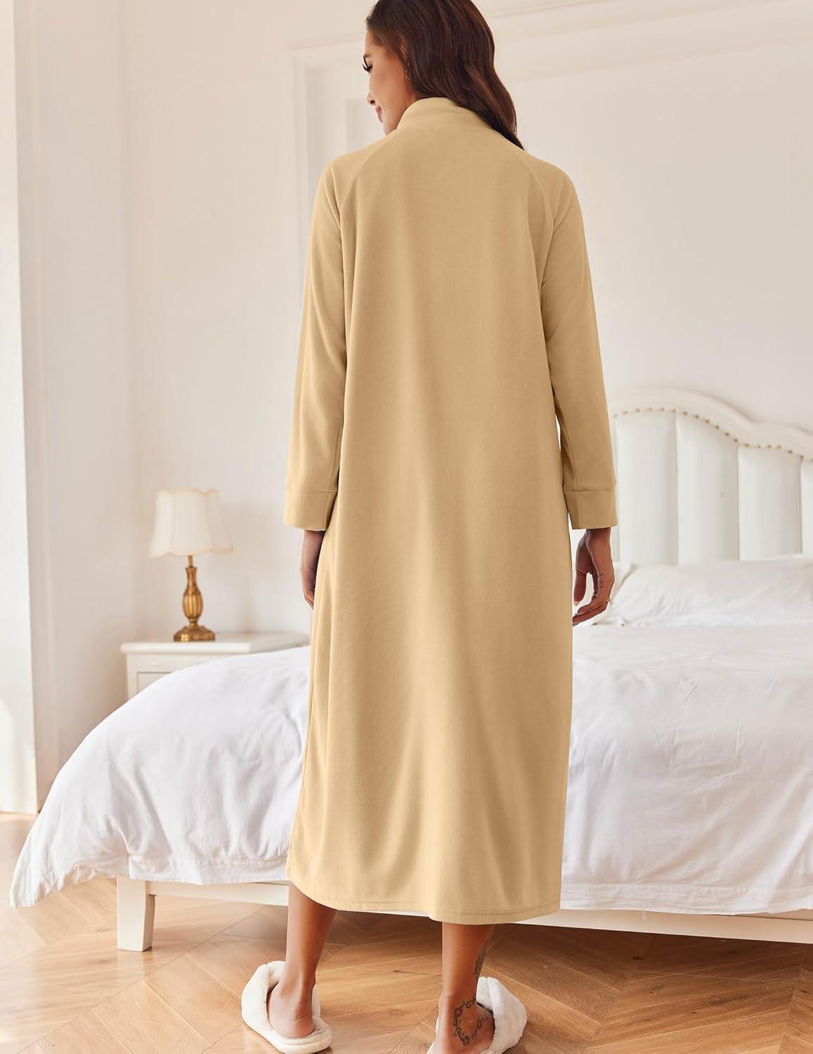 imageEkouaer Women Zipper Robe Long Sleeves House Coat Soft Bathrobe Sleepwear with Pockets Housecoat LoungewearKhaki