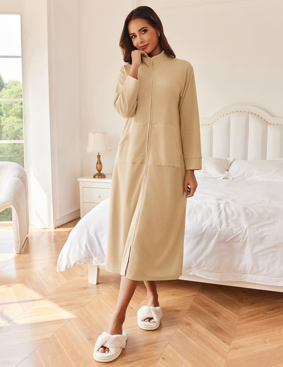 imageEkouaer Women Zipper Robe Long Sleeves House Coat Soft Bathrobe Sleepwear with Pockets Housecoat LoungewearKhaki