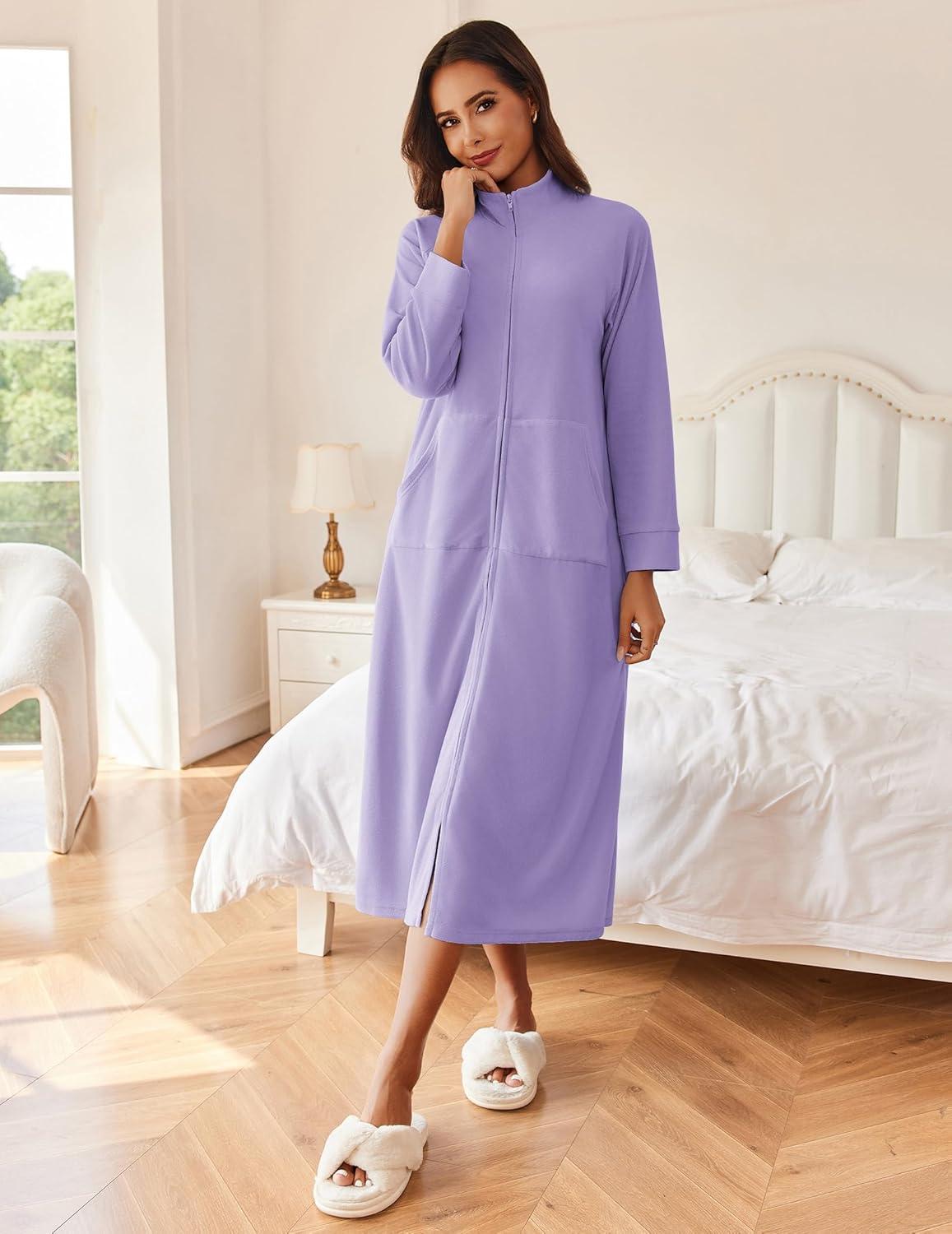 imageEkouaer Women Zipper Robe Long Sleeves House Coat Soft Bathrobe Sleepwear with Pockets Housecoat LoungewearLight Purple