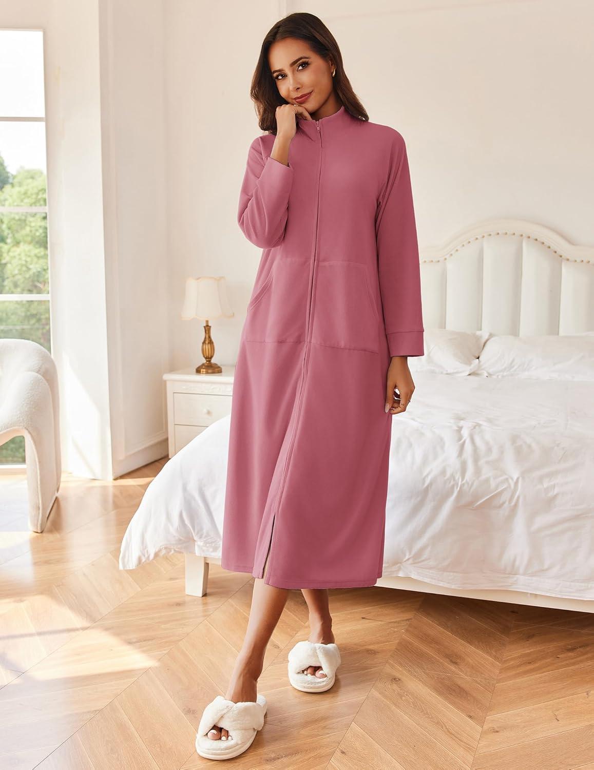 imageEkouaer Women Zipper Robe Long Sleeves House Coat Soft Bathrobe Sleepwear with Pockets Housecoat LoungewearPale Violet Red