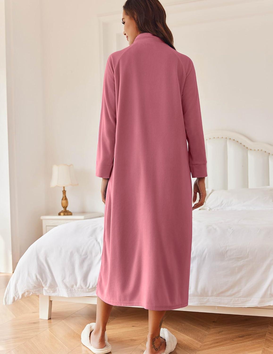 imageEkouaer Women Zipper Robe Long Sleeves House Coat Soft Bathrobe Sleepwear with Pockets Housecoat LoungewearPale Violet Red