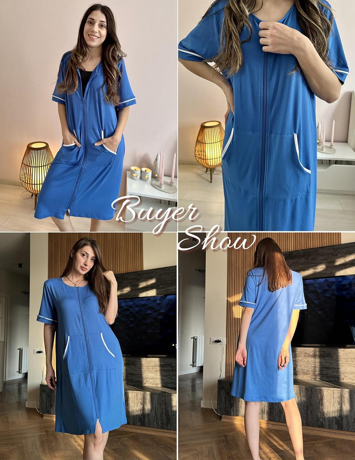imageEkouaer Women Zipper Robe Short Sleeve Duster Housecoat Short Bathrobes Zip Front Nightgown with Pockets S3XLBlue