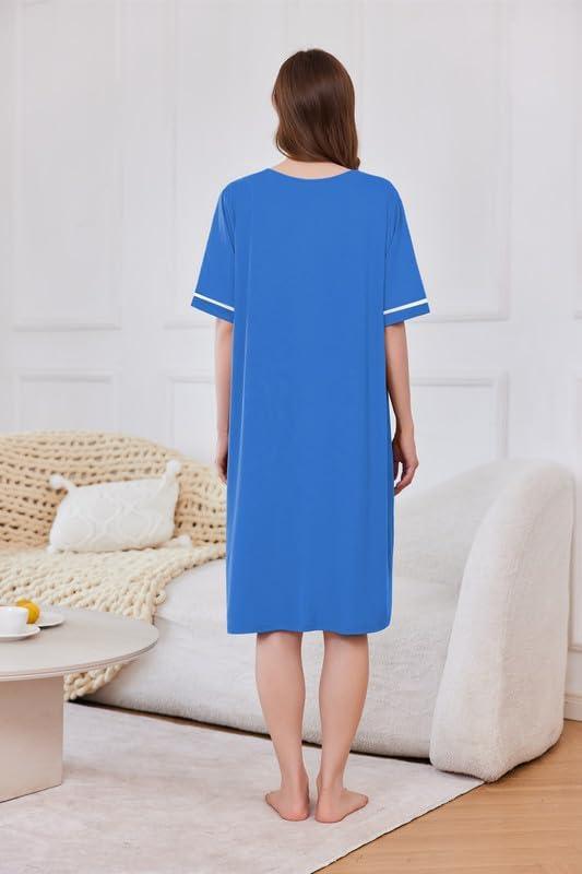imageEkouaer Women Zipper Robe Short Sleeve Duster Housecoat Short Bathrobes Zip Front Nightgown with Pockets S3XLBlue