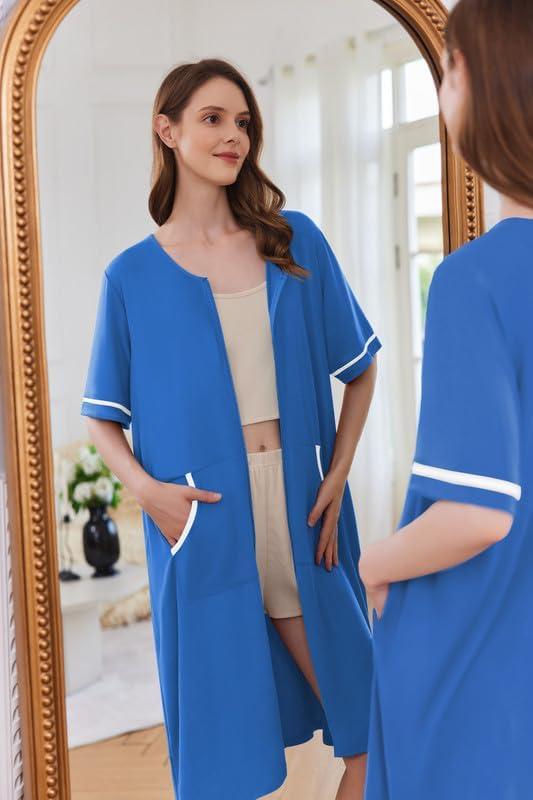 imageEkouaer Women Zipper Robe Short Sleeve Duster Housecoat Short Bathrobes Zip Front Nightgown with Pockets S3XLBlue