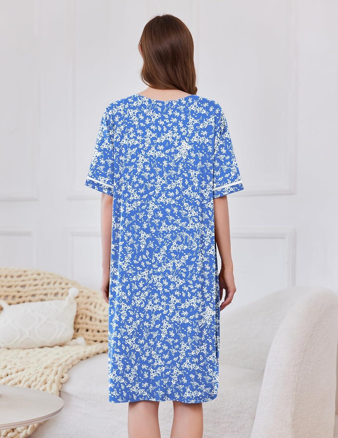 imageEkouaer Women Zipper Robe Short Sleeve Duster Housecoat Short Bathrobes Zip Front Nightgown with Pockets S3XLBlue Floral