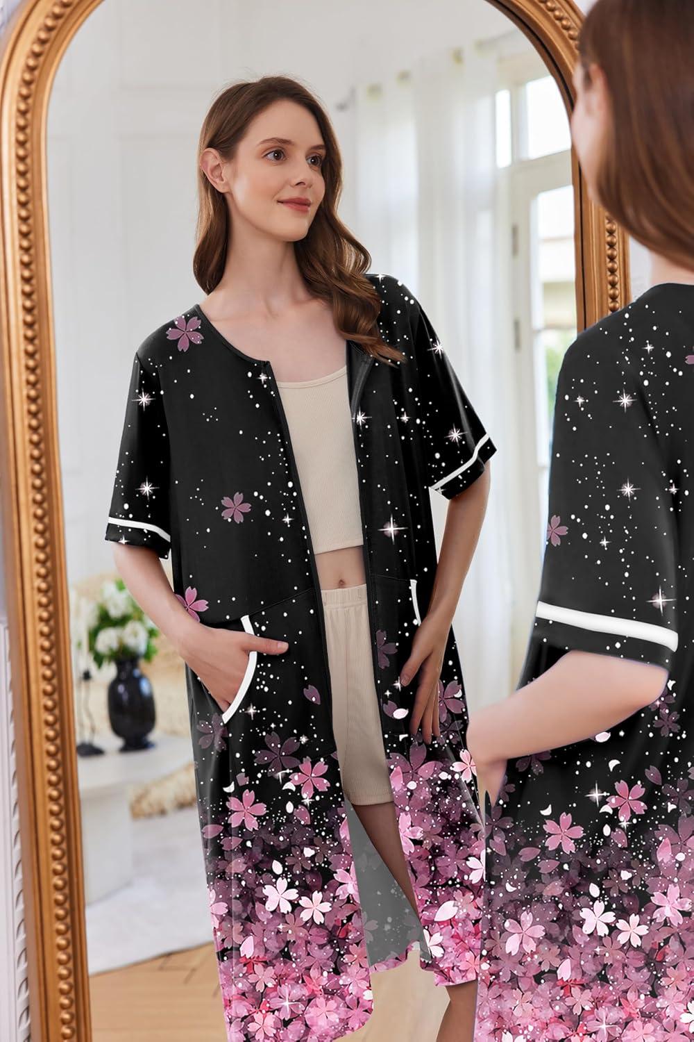 imageEkouaer Women Zipper Robe Short Sleeve Duster Housecoat Short Bathrobes Zip Front Nightgown with Pockets S3XLCherry Blossoms