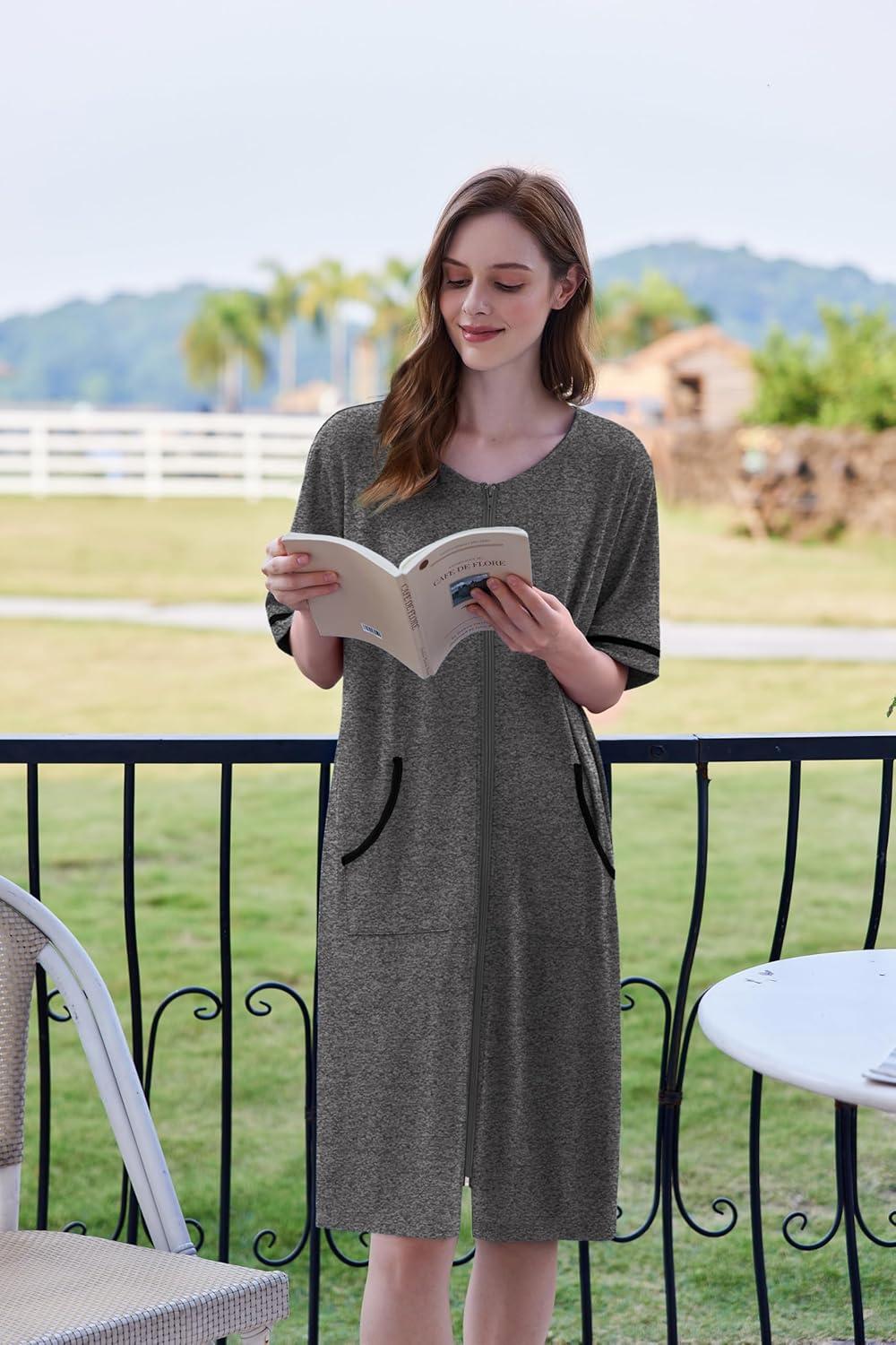 imageEkouaer Women Zipper Robe Short Sleeve Duster Housecoat Short Bathrobes Zip Front Nightgown with Pockets S3XLDark Gray