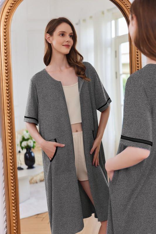 imageEkouaer Women Zipper Robe Short Sleeve Duster Housecoat Short Bathrobes Zip Front Nightgown with Pockets S3XLDark Gray