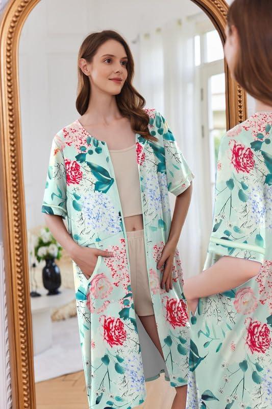 imageEkouaer Women Zipper Robe Short Sleeve Duster Housecoat Short Bathrobes Zip Front Nightgown with Pockets S3XLGreen Flower