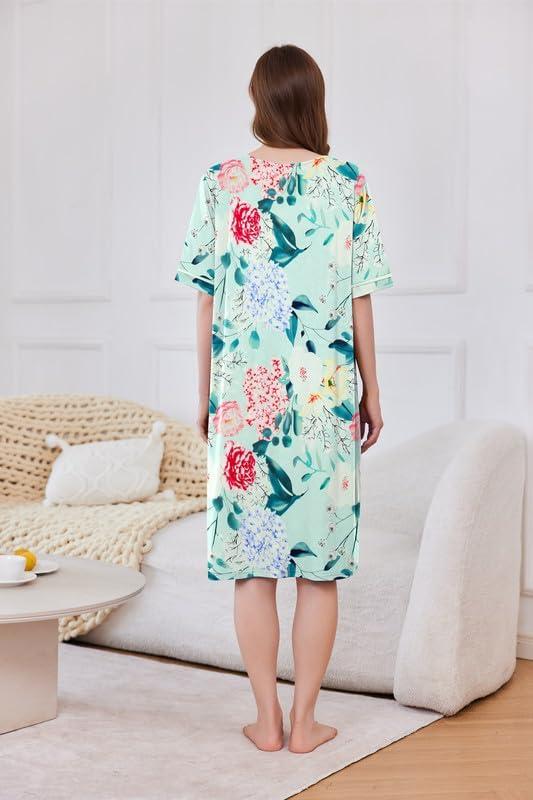 imageEkouaer Women Zipper Robe Short Sleeve Duster Housecoat Short Bathrobes Zip Front Nightgown with Pockets S3XLGreen Flower