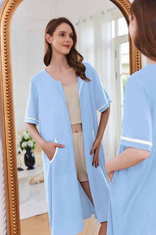 imageEkouaer Women Zipper Robe Short Sleeve Duster Housecoat Short Bathrobes Zip Front Nightgown with Pockets S3XLLight Blue