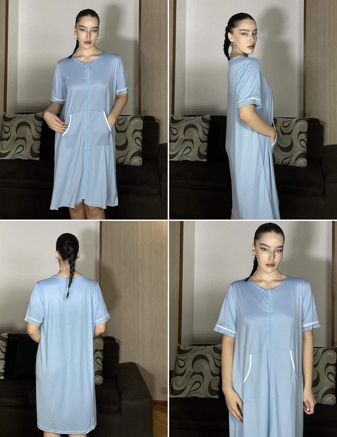 imageEkouaer Women Zipper Robe Short Sleeve Duster Housecoat Short Bathrobes Zip Front Nightgown with Pockets S3XLLight Blue