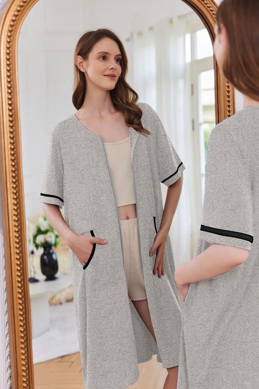 imageEkouaer Women Zipper Robe Short Sleeve Duster Housecoat Short Bathrobes Zip Front Nightgown with Pockets S3XLLight Grey