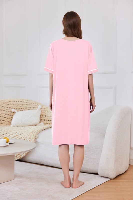 imageEkouaer Women Zipper Robe Short Sleeve Duster Housecoat Short Bathrobes Zip Front Nightgown with Pockets S3XLPink