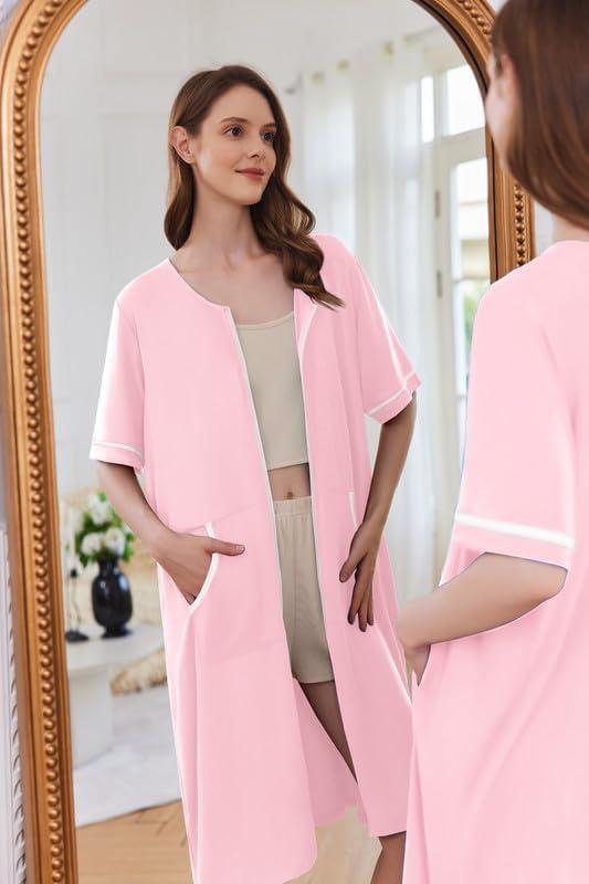 imageEkouaer Women Zipper Robe Short Sleeve Duster Housecoat Short Bathrobes Zip Front Nightgown with Pockets S3XLPink