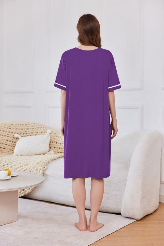 imageEkouaer Women Zipper Robe Short Sleeve Duster Housecoat Short Bathrobes Zip Front Nightgown with Pockets S3XLPurple