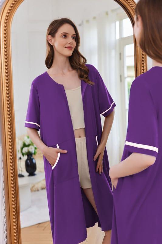 imageEkouaer Women Zipper Robe Short Sleeve Duster Housecoat Short Bathrobes Zip Front Nightgown with Pockets S3XLPurple