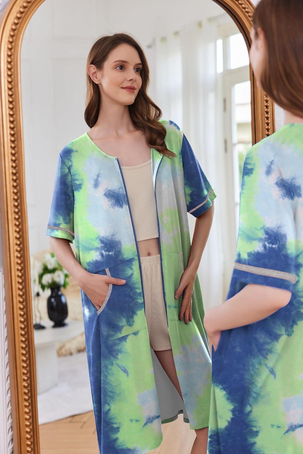 imageEkouaer Women Zipper Robe Short Sleeve Duster Housecoat Short Bathrobes Zip Front Nightgown with Pockets S3XLTie Dye Blue