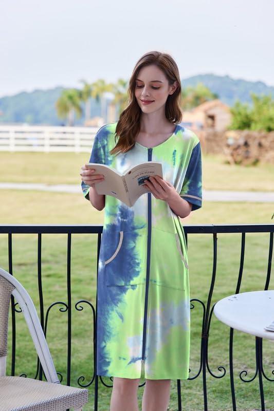 imageEkouaer Women Zipper Robe Short Sleeve Duster Housecoat Short Bathrobes Zip Front Nightgown with Pockets S3XLTie Dye Blue