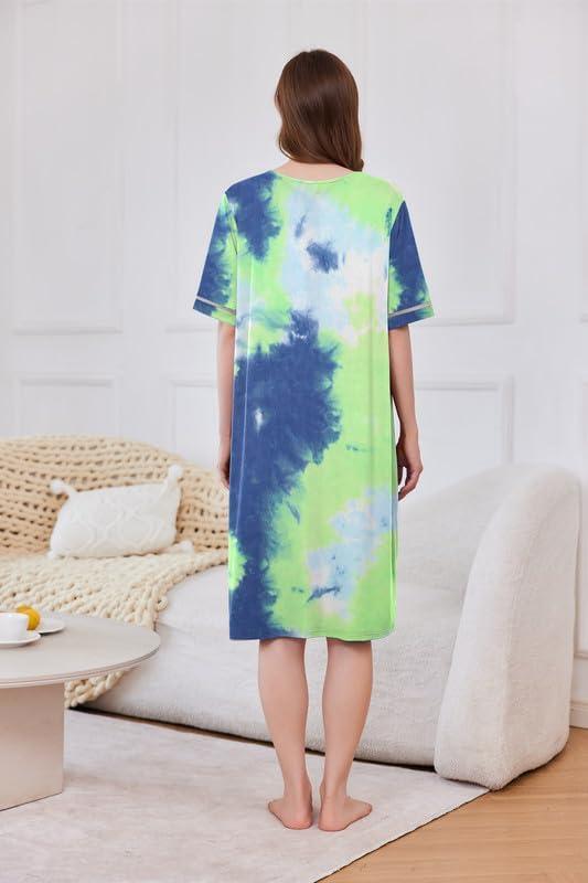 imageEkouaer Women Zipper Robe Short Sleeve Duster Housecoat Short Bathrobes Zip Front Nightgown with Pockets S3XLTie Dye Blue
