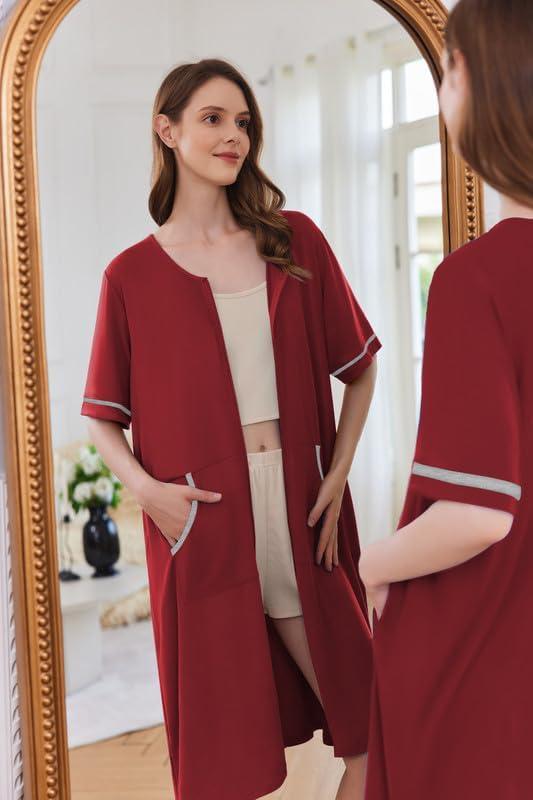 imageEkouaer Women Zipper Robe Short Sleeve Duster Housecoat Short Bathrobes Zip Front Nightgown with Pockets S3XLWine Red
