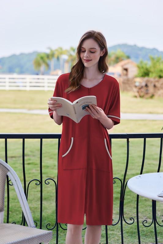 imageEkouaer Women Zipper Robe Short Sleeve Duster Housecoat Short Bathrobes Zip Front Nightgown with Pockets S3XLWine Red