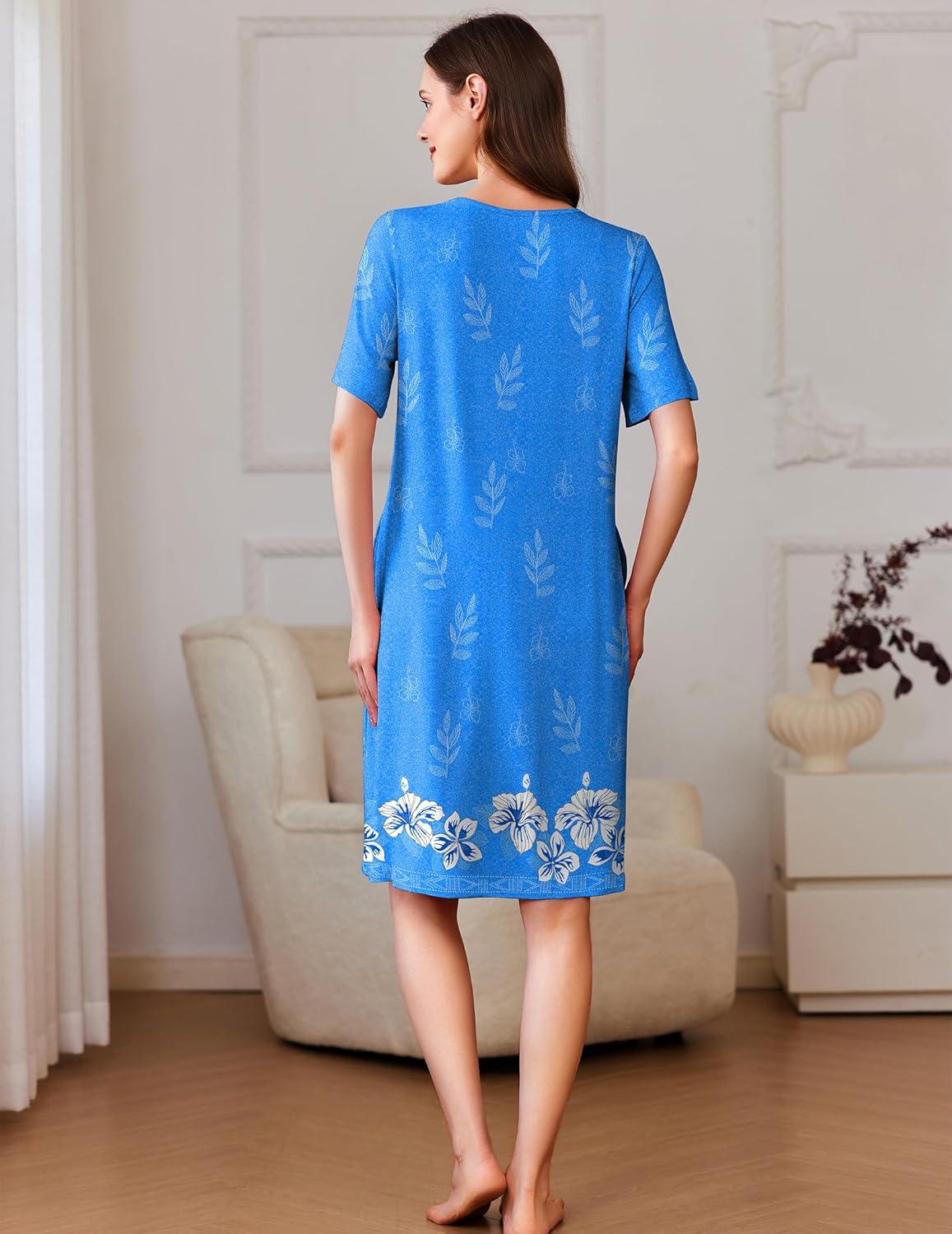imageEkouaer Women Zipper Robe Short Sleeves House Coat Zipper Front Bathrobe Sleepwear with Pockets Housecoat NightgownFloral Blue