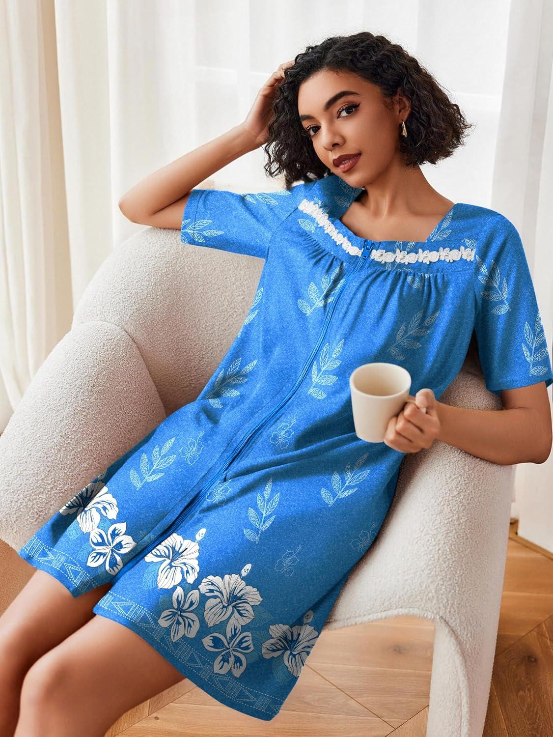 imageEkouaer Women Zipper Robe Short Sleeves House Coat Zipper Front Bathrobe Sleepwear with Pockets Housecoat NightgownFloral Blue