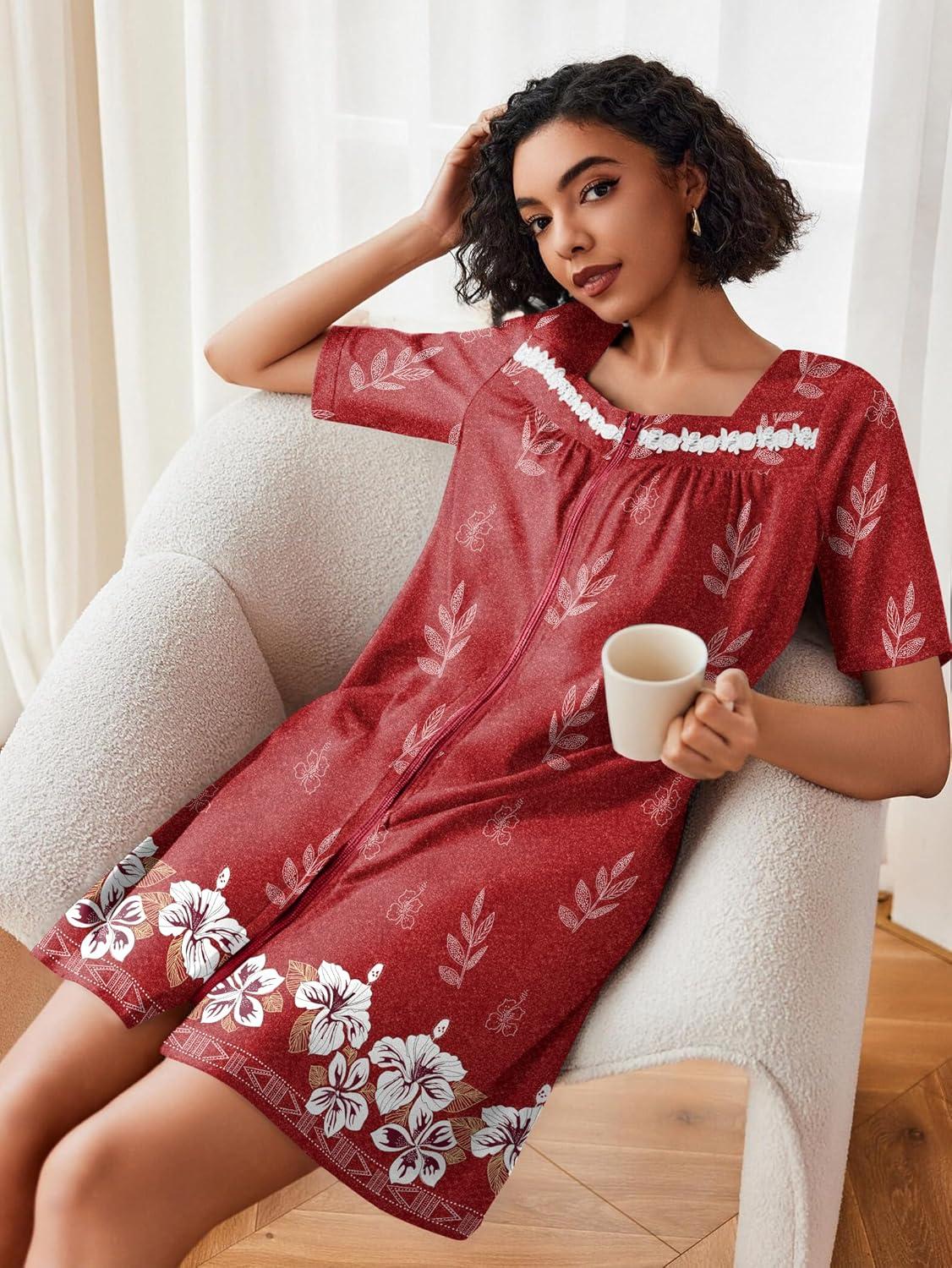 imageEkouaer Women Zipper Robe Short Sleeves House Coat Zipper Front Bathrobe Sleepwear with Pockets Housecoat NightgownFloral Red