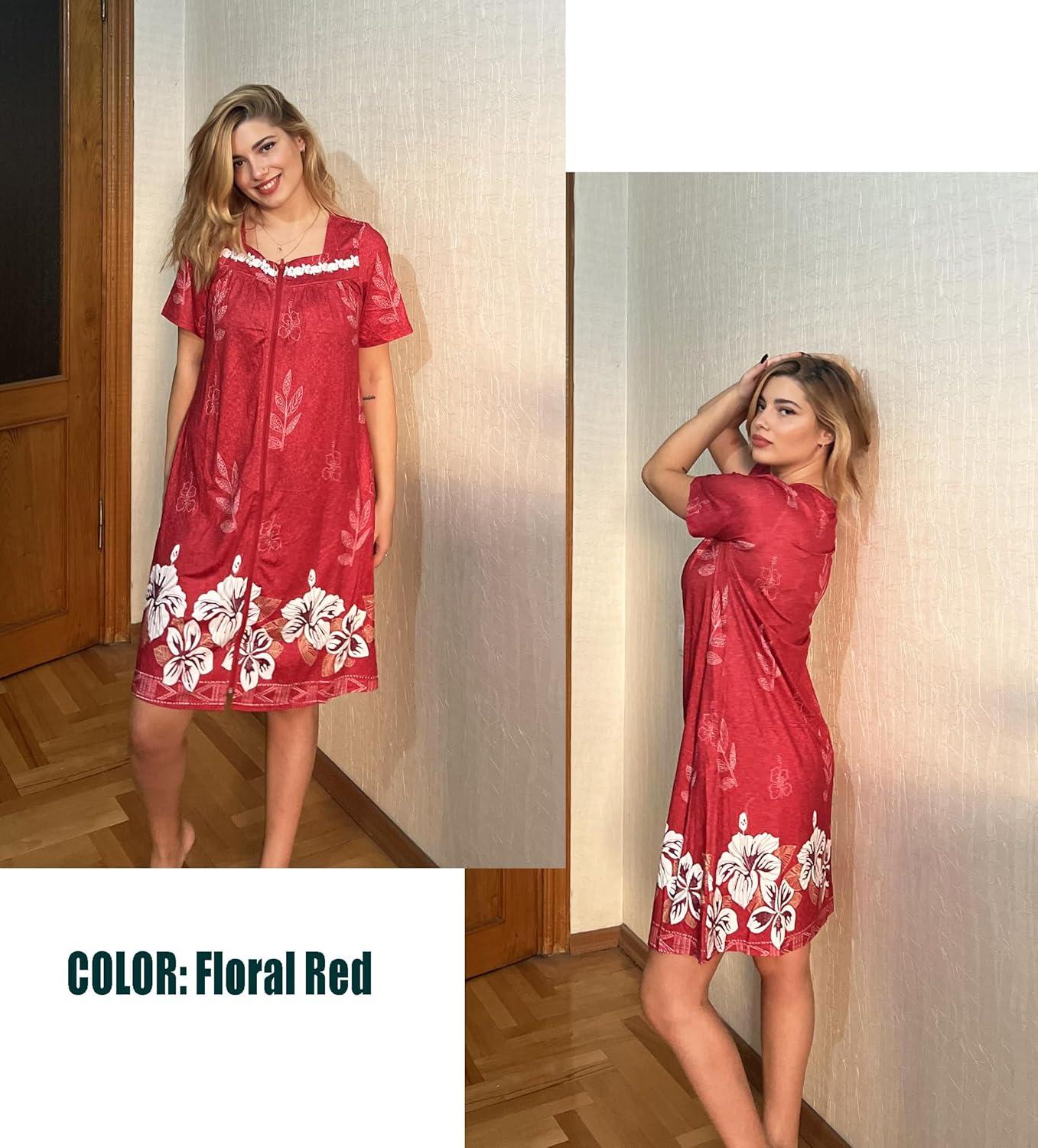 imageEkouaer Women Zipper Robe Short Sleeves House Coat Zipper Front Bathrobe Sleepwear with Pockets Housecoat NightgownFloral Red