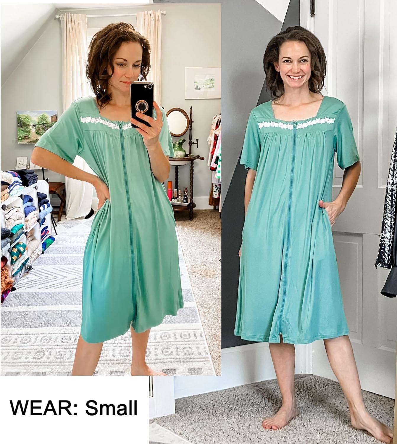 imageEkouaer Women Zipper Robe Short Sleeves House Coat Zipper Front Bathrobe Sleepwear with Pockets Housecoat NightgownGray Green