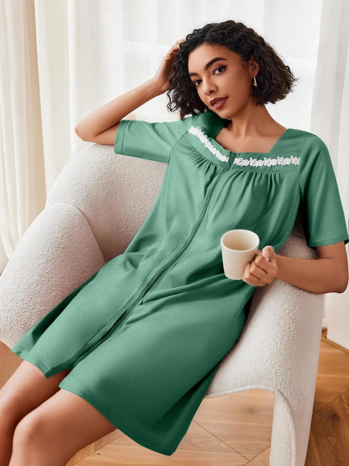 imageEkouaer Women Zipper Robe Short Sleeves House Coat Zipper Front Bathrobe Sleepwear with Pockets Housecoat NightgownGray Green