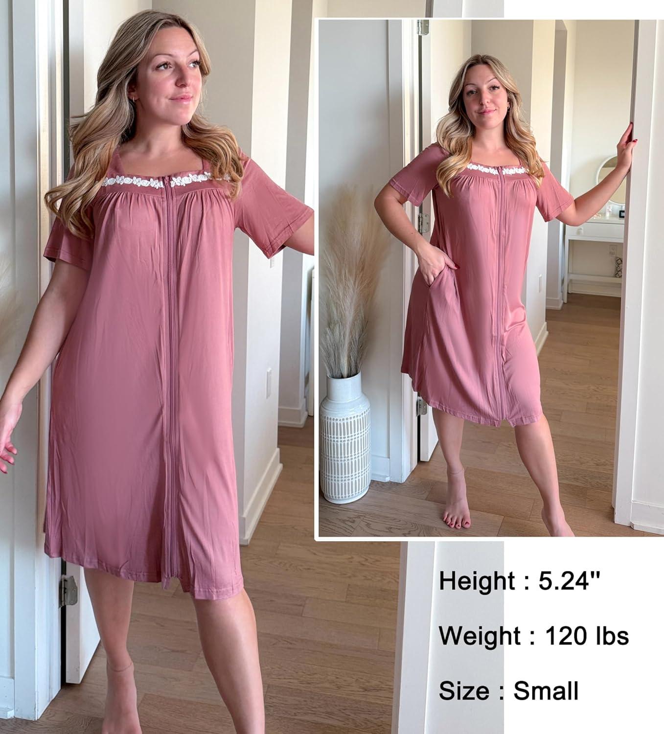 imageEkouaer Women Zipper Robe Short Sleeves House Coat Zipper Front Bathrobe Sleepwear with Pockets Housecoat NightgownGray Purple