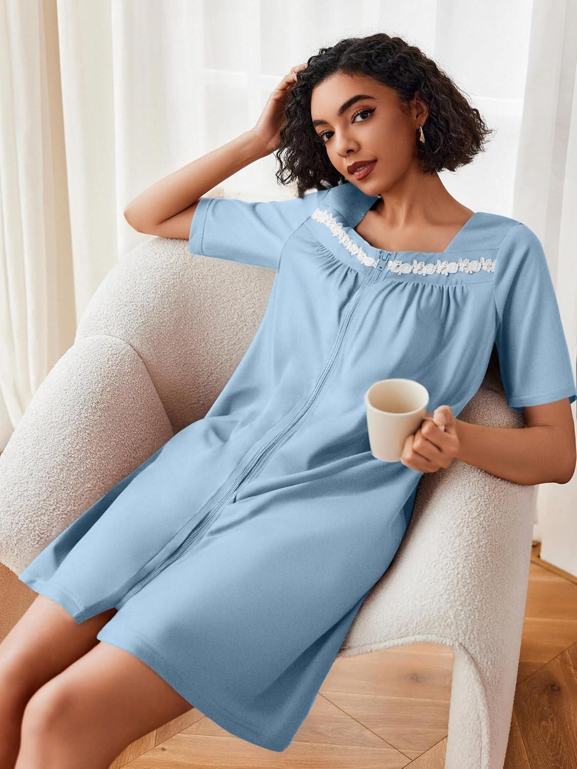 imageEkouaer Women Zipper Robe Short Sleeves House Coat Zipper Front Bathrobe Sleepwear with Pockets Housecoat NightgownLight Blue