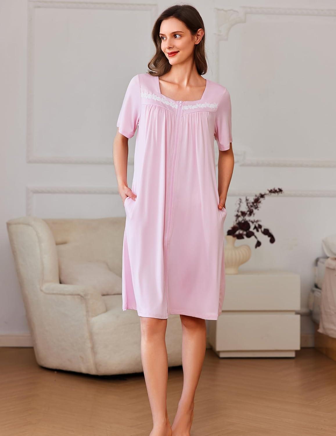 imageEkouaer Women Zipper Robe Short Sleeves House Coat Zipper Front Bathrobe Sleepwear with Pockets Housecoat NightgownPink
