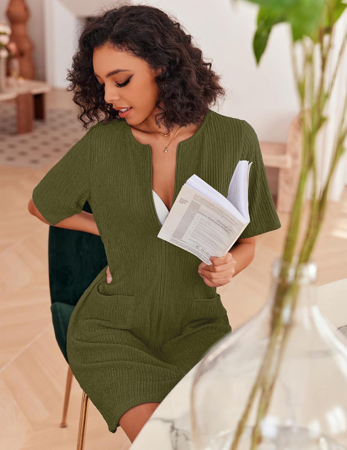 imageEkouaer Women Zipper Robes Knit Short Bathrobe Lightweight House Coat with Pockets Soft Nightgown SXXLArmy Green