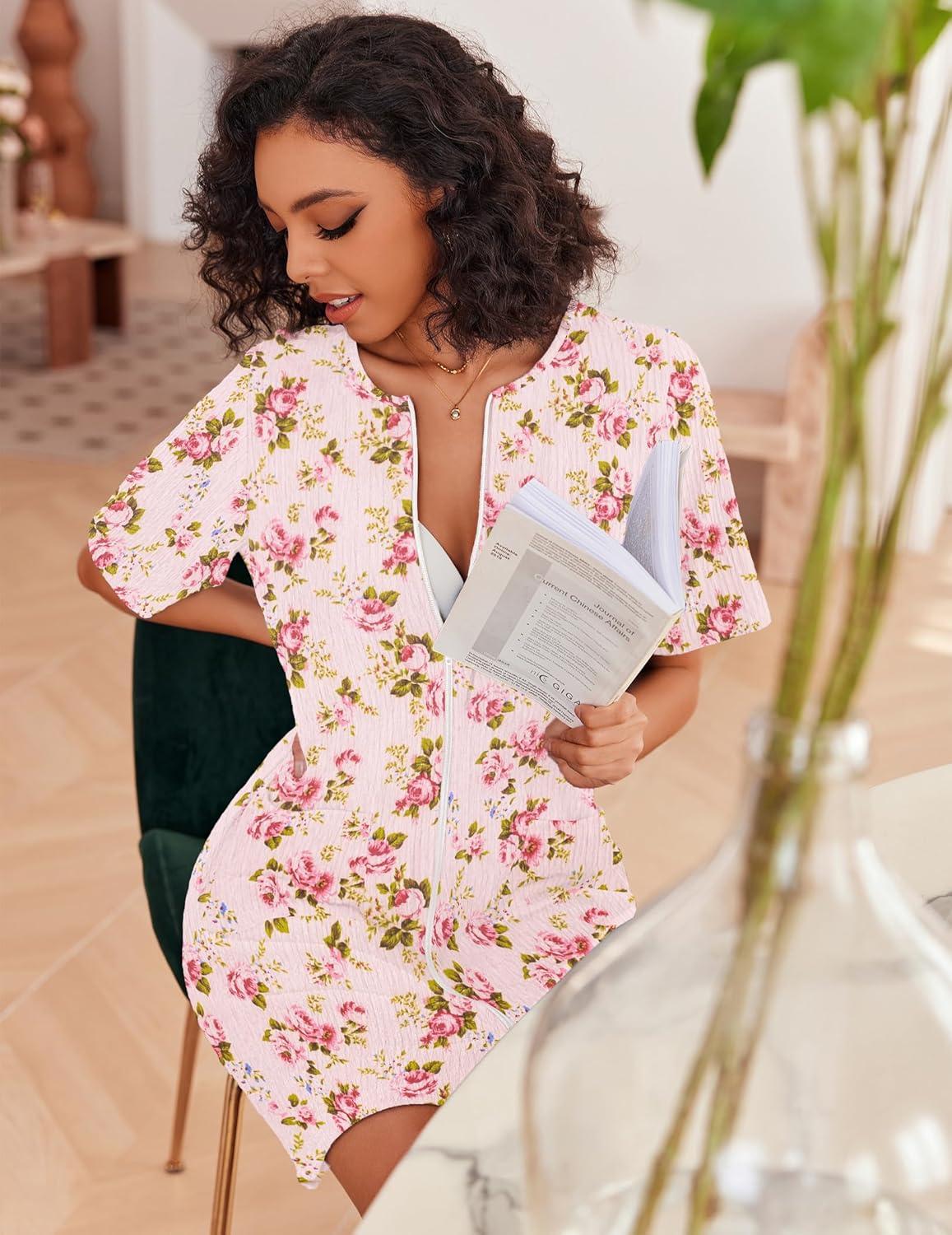 imageEkouaer Women Zipper Robes Knit Short Bathrobe Lightweight House Coat with Pockets Soft Nightgown SXXLBeige Flower
