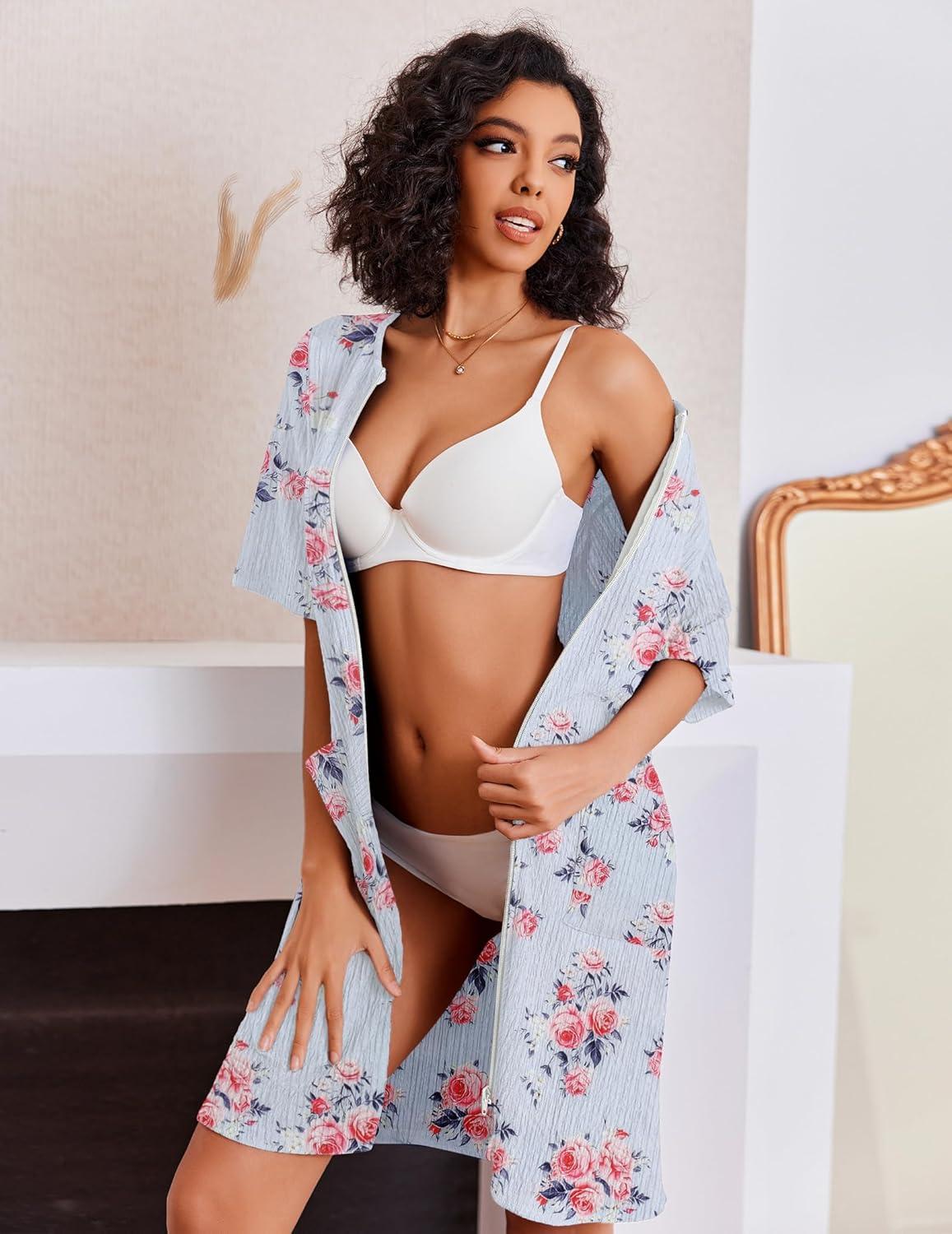 imageEkouaer Women Zipper Robes Knit Short Bathrobe Lightweight House Coat with Pockets Soft Nightgown SXXLLight Blue Flower