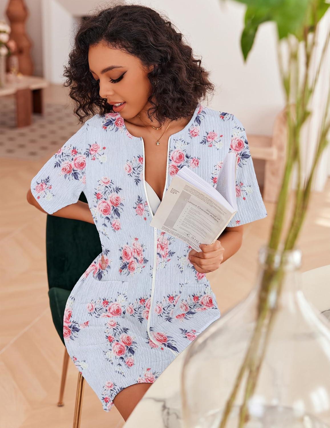 imageEkouaer Women Zipper Robes Knit Short Bathrobe Lightweight House Coat with Pockets Soft Nightgown SXXLLight Blue Flower