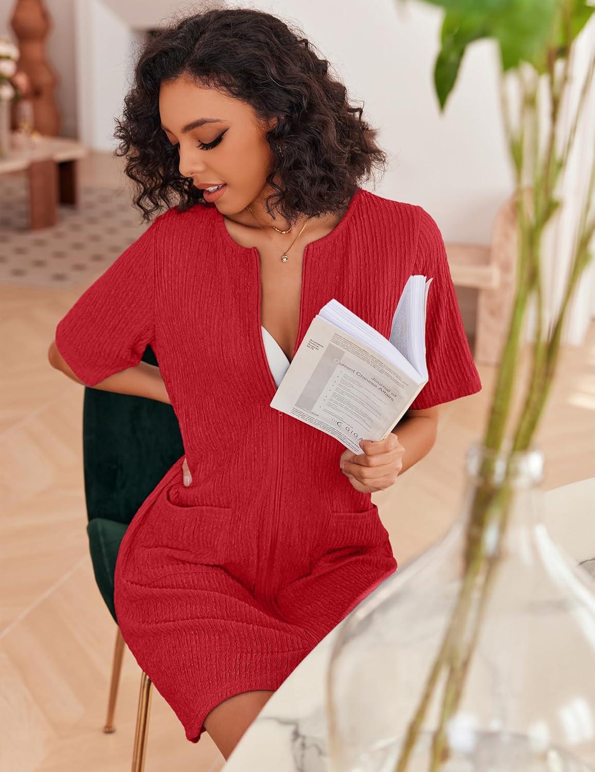 imageEkouaer Women Zipper Robes Knit Short Bathrobe Lightweight House Coat with Pockets Soft Nightgown SXXLRed