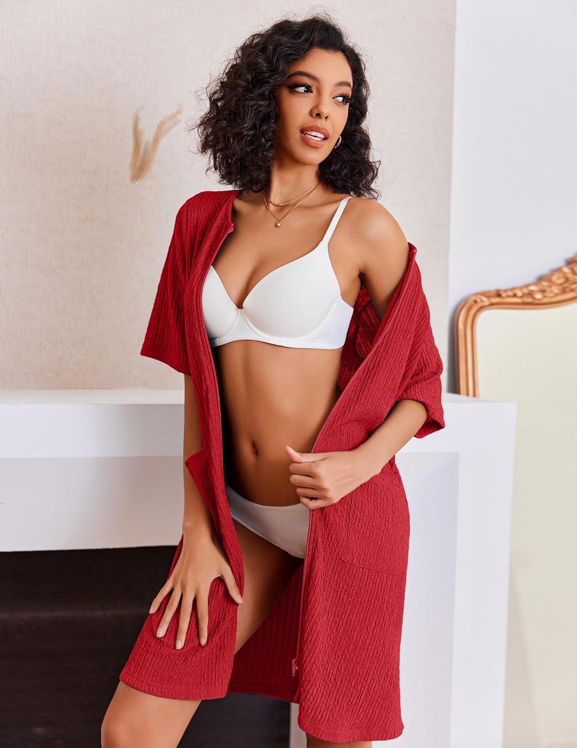imageEkouaer Women Zipper Robes Knit Short Bathrobe Lightweight House Coat with Pockets Soft Nightgown SXXLRed