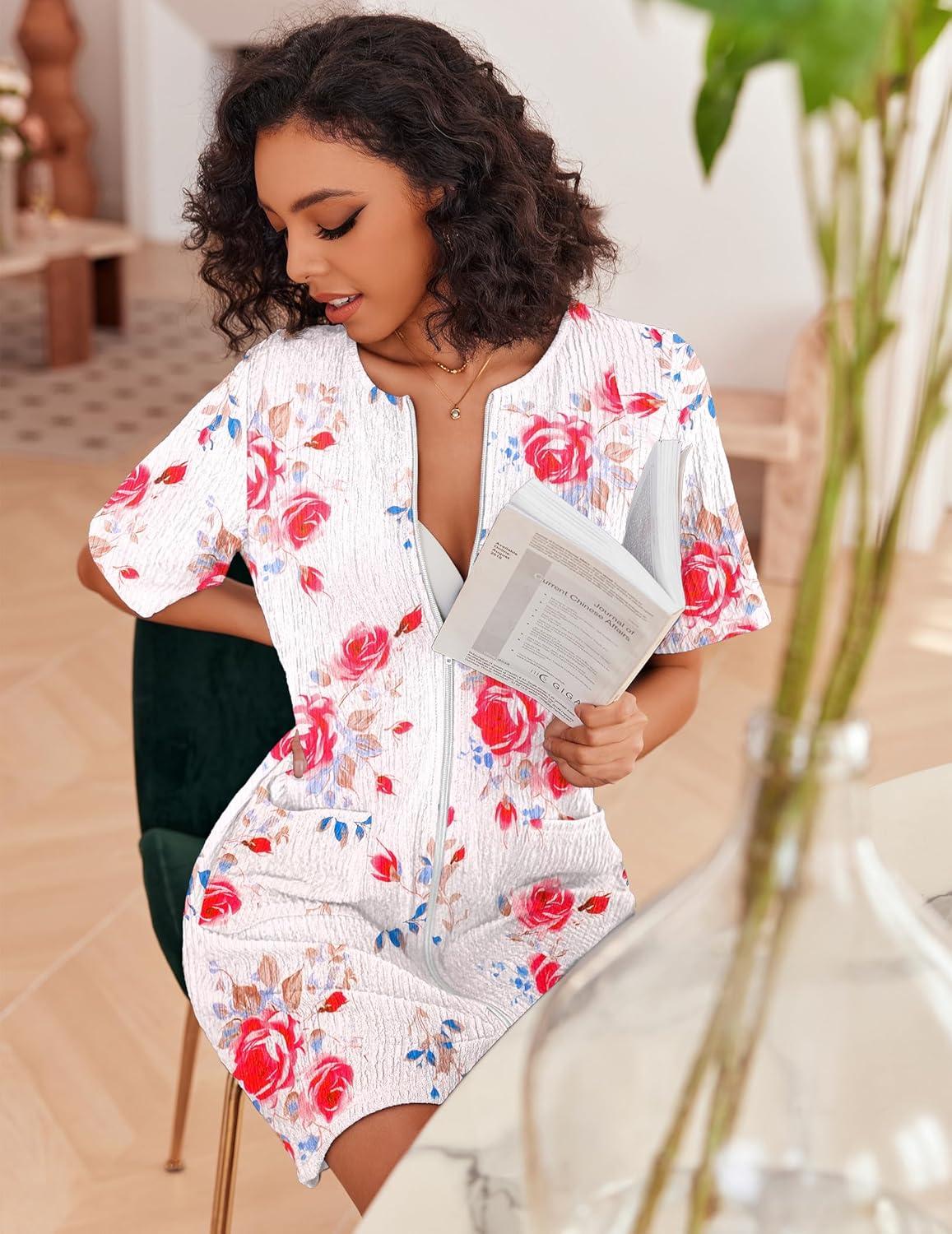 imageEkouaer Women Zipper Robes Knit Short Bathrobe Lightweight House Coat with Pockets Soft Nightgown SXXLRed Flower