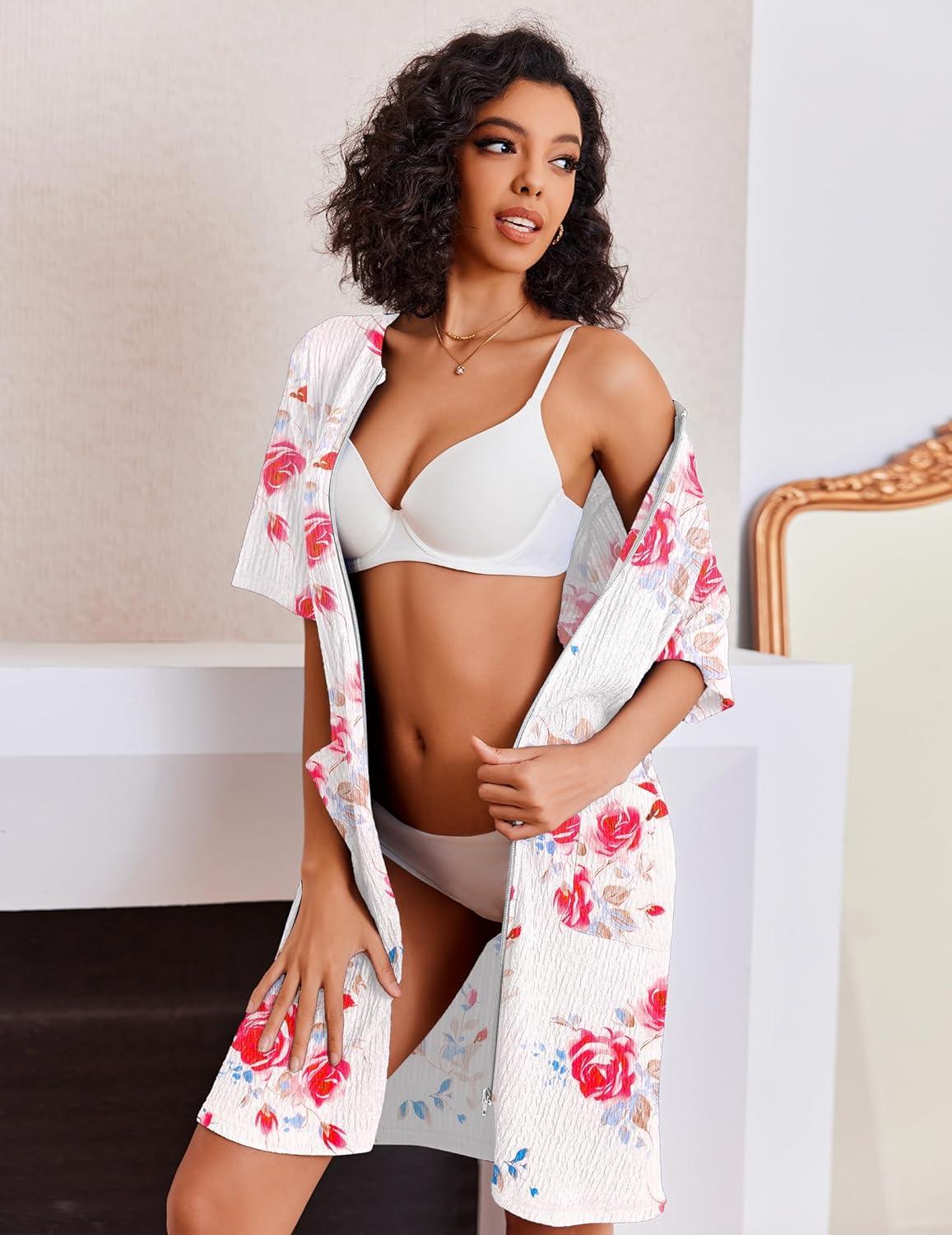 imageEkouaer Women Zipper Robes Knit Short Bathrobe Lightweight House Coat with Pockets Soft Nightgown SXXLRed Flower