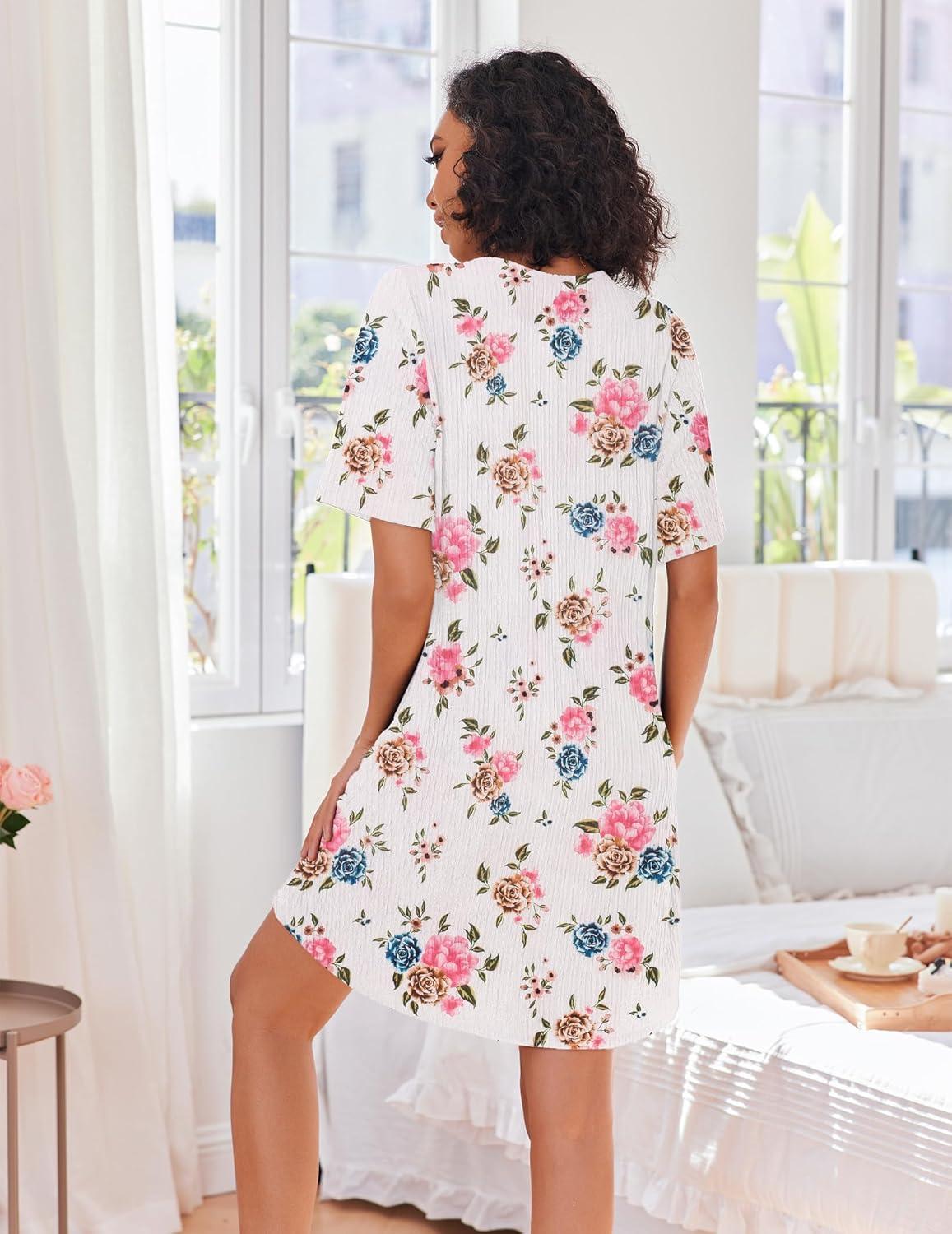 imageEkouaer Women Zipper Robes Knit Short Bathrobe Lightweight House Coat with Pockets Soft Nightgown SXXLWhite Pink Flower