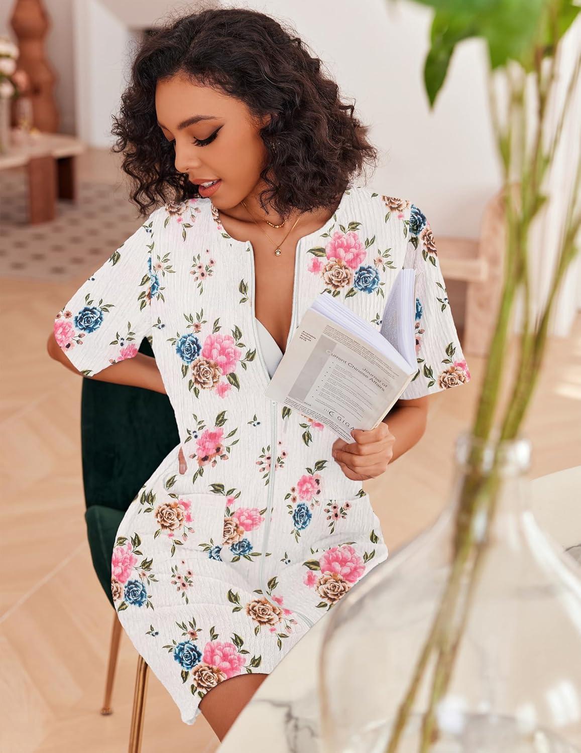 imageEkouaer Women Zipper Robes Knit Short Bathrobe Lightweight House Coat with Pockets Soft Nightgown SXXLWhite Pink Flower