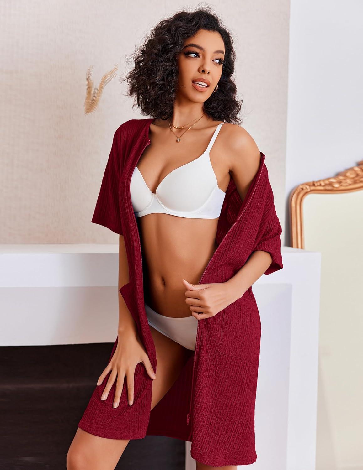 imageEkouaer Women Zipper Robes Knit Short Bathrobe Lightweight House Coat with Pockets Soft Nightgown SXXLWine Red