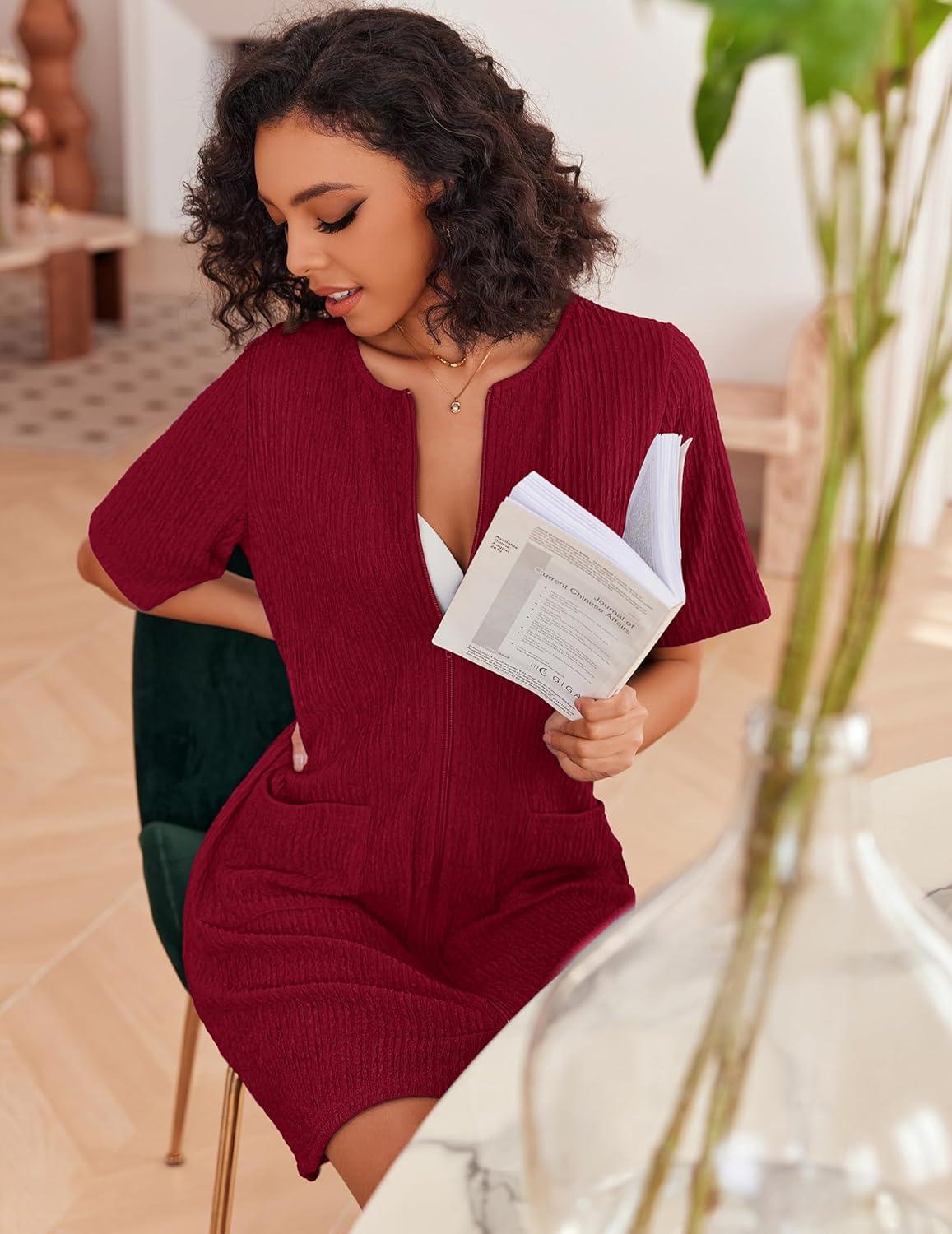 imageEkouaer Women Zipper Robes Knit Short Bathrobe Lightweight House Coat with Pockets Soft Nightgown SXXLWine Red
