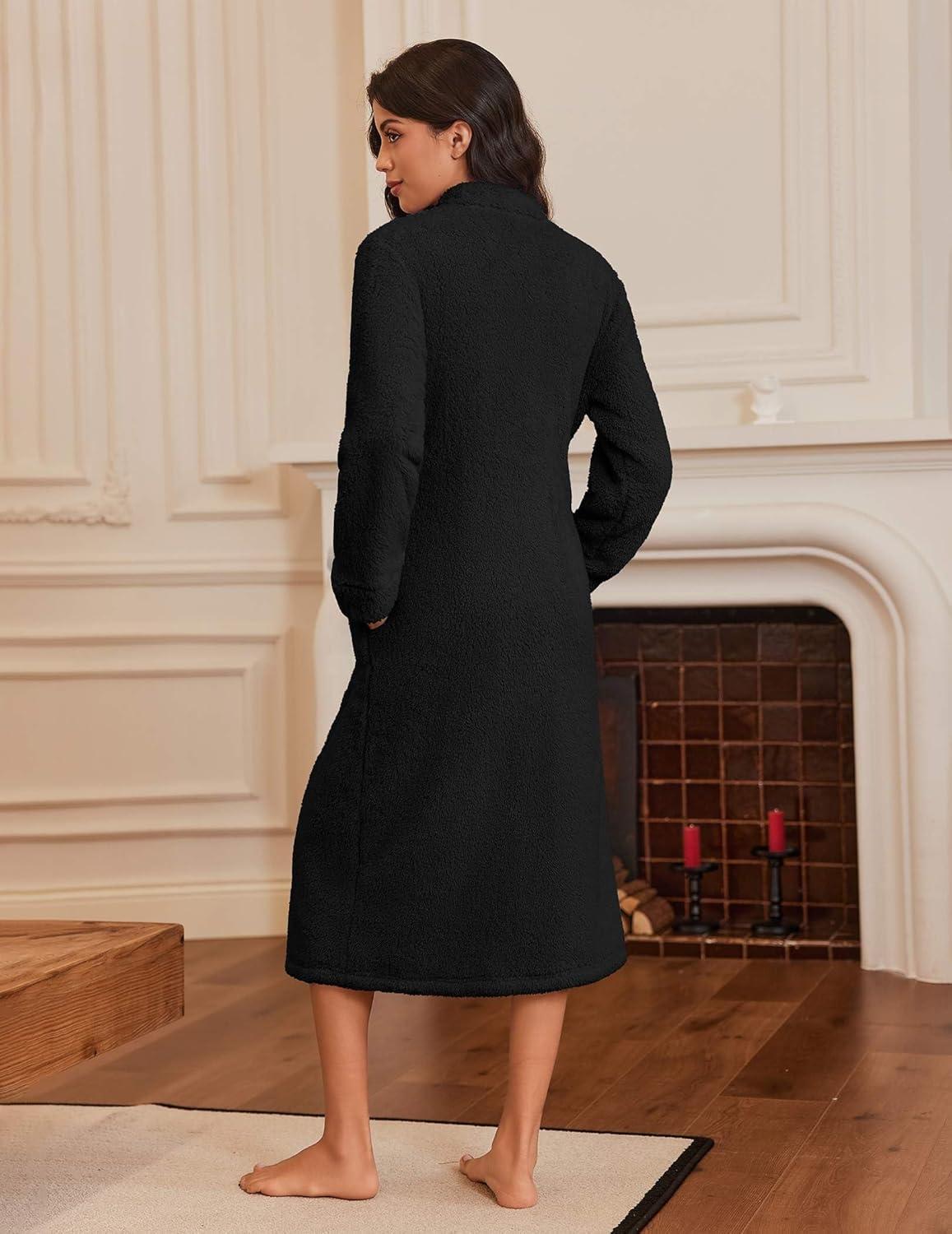 imageEkouaer Women Zipper Robes Long Sleeve Zip Up House Coat Full Length Warm Flannel Bathrobe Sleepwear with Pockets Black Small