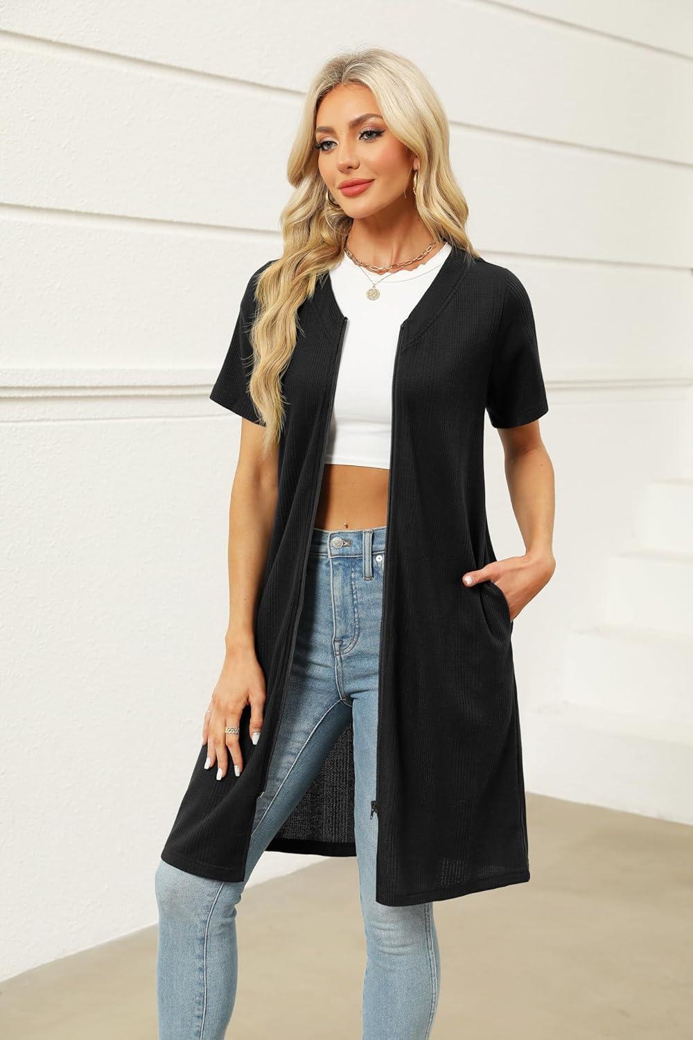 imageEkouaer Women Zipper Robes Waffle Short Bathrobe Lightweight House Coat with Pockets Soft Nightgown S3XLBlack