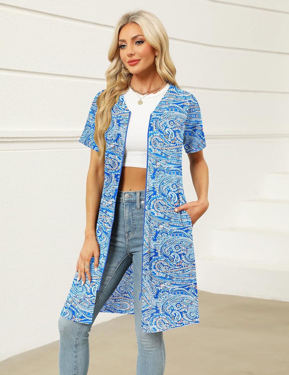imageEkouaer Women Zipper Robes Waffle Short Bathrobe Lightweight House Coat with Pockets Soft Nightgown S3XLBlue Paisley